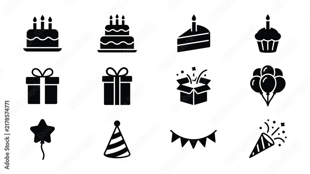 Fototapeta premium Set of celebration icons featuring cakes cupcakes gifts and party decorations