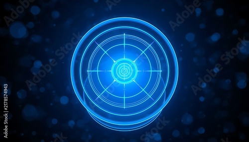 Abstract glowing blue target with digital particles and dark background.