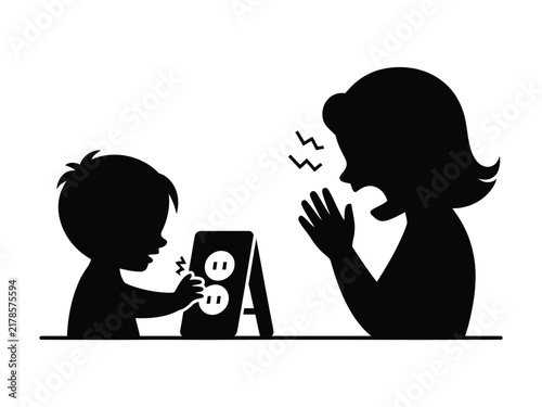 Child Reaching for Electrical Outlet, Parent Reacting in Shock, Silhouette Illustration