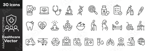Healthcare icons vector, comprehensive healthcare and medical line icon set, digital health designs, Outline vector symbols including hospital, stethoscope, doctor, and patient care graphics.