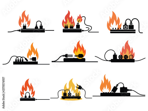 Electrical Hazard Power Strip Icons Set