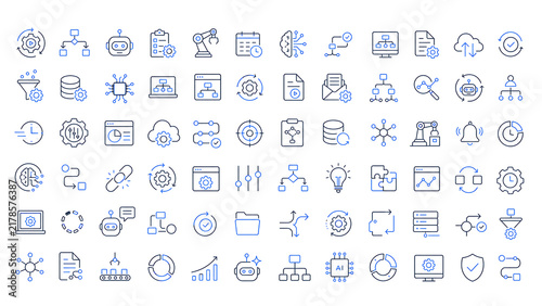 Business strategy icons in blue and grey colors are arranged on a transparent background.