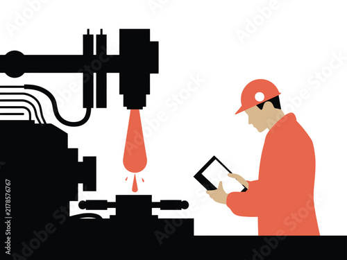 Industrial Worker Operating Machine with Tablet Illustration