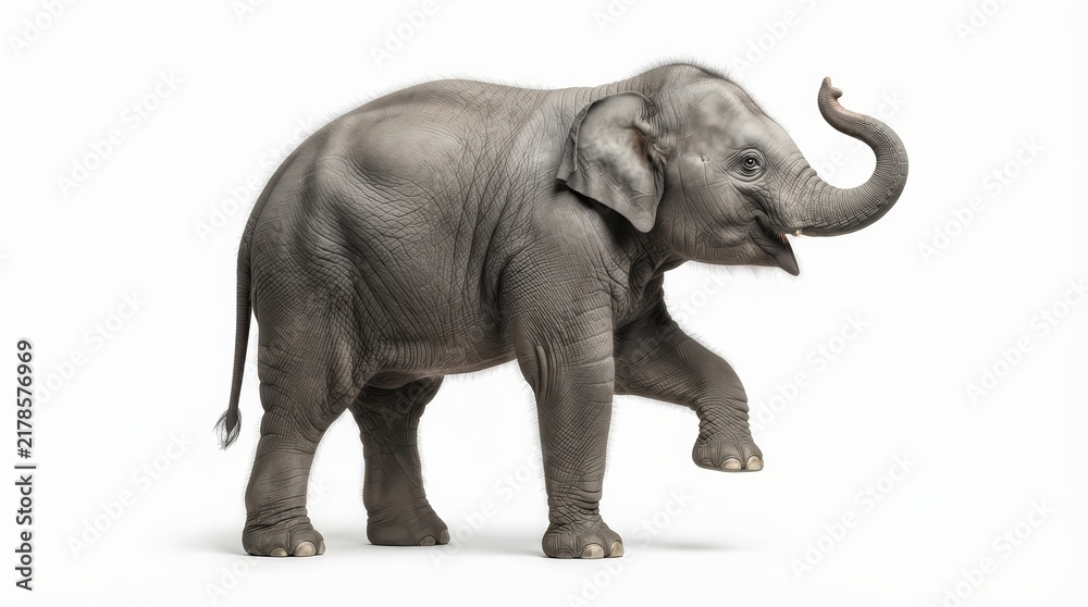 Fototapeta premium Side view of an Asian elephant lifting a leg and raising its trunk against a white backdrop.