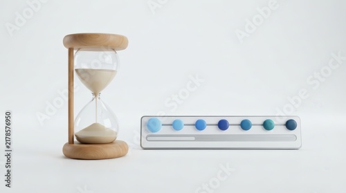 A digital project timeline tracker with milestone points alongside a wooden hourglass for time management.