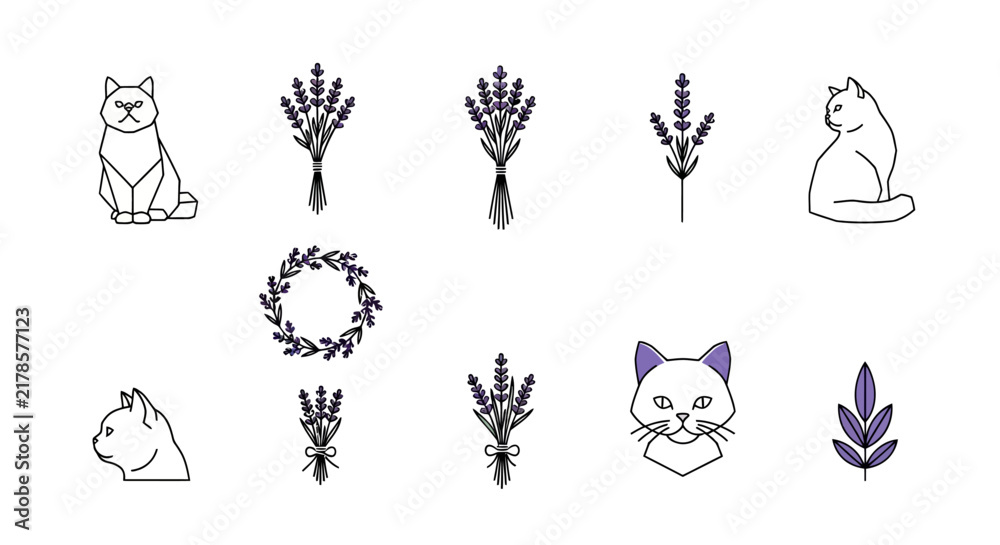 Fototapeta premium Minimalist Line Art Cats and Lavender Flowers Collection.
