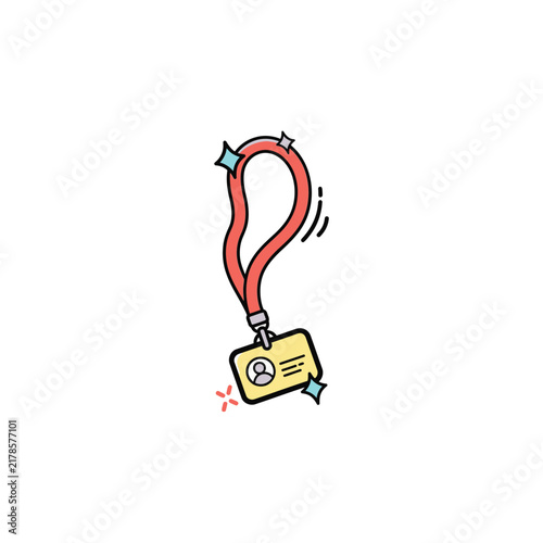 Red lanyard with a yellow identification badge featuring a person in a flat cartoon style for business and office event accessories