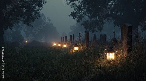 Eerie Graveyard at Night with Lanterns and Fog Surrounding Tombstones