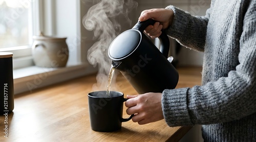Woman Pours Hot Water from Electric Kettle into Mug in Kitchen