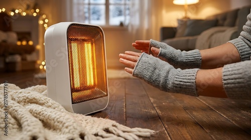 Woman warming hands in front of electric heater in cozy living room