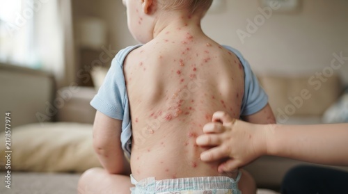 An infant suffering from chicken pox with widespread red spots and blisters on the torso.