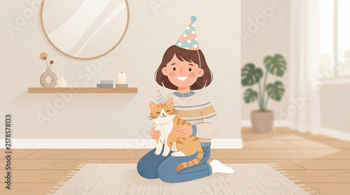 A joyful woman celebrating with a cat at a party, colorful decorations in a cheerful setting