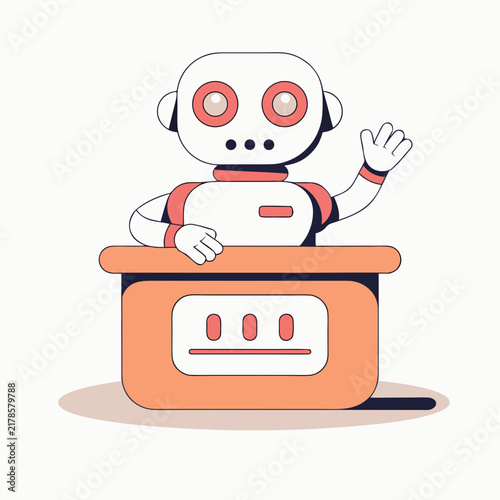 Friendly robot receptionist waving behind a desk, flat vector illustration
