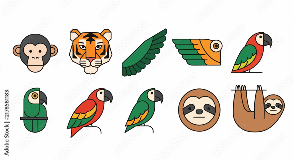 Fototapeta premium Collection of colorful cartoon jungle animals and bird wings.