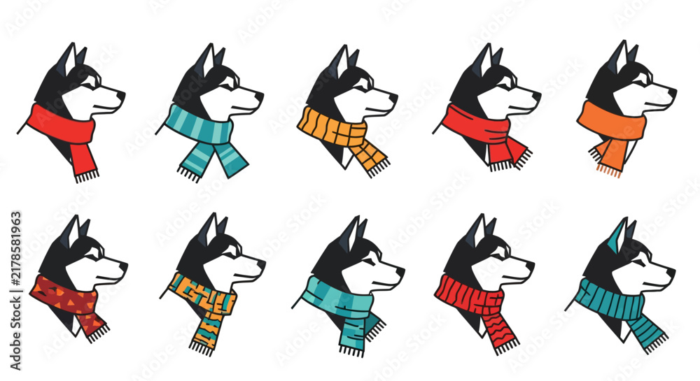 Obraz premium Collection of Siberian Husky dog heads wearing colorful scarves.