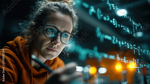 Focused Female Scientist Writing Complex Equations on a Glass Board in a Dimly Lit Lab