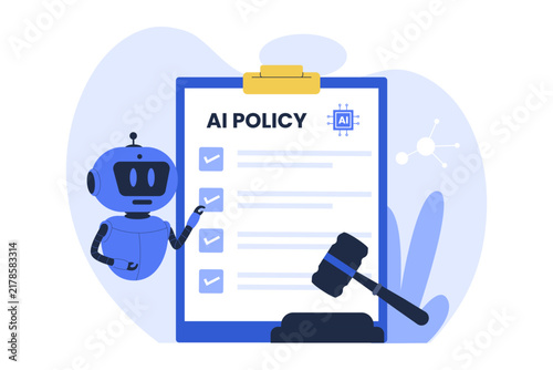 Vector of Corporate AI Policy Checklist Regulatory Compliance Isolated. Flat illustration of an AI robot checking corporate policy checklist clipboard beside a legal gavel