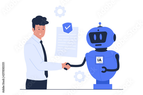 Vector of Human AI Handshake Contract Business Partnership Isolated. Flat vector of a businessman shaking hands with an AI robot beside a signed verified security contract.
