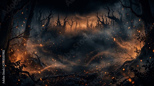Eerie Spooky Forest at Night with Glowing Embers and Fog Background