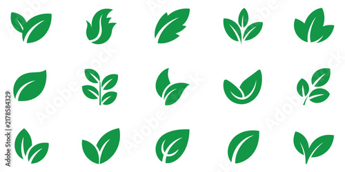 Green leaf icons with elegant botanical forms isolated on a clean background for nature, ecology, gardening, wellness, and sustainable designs