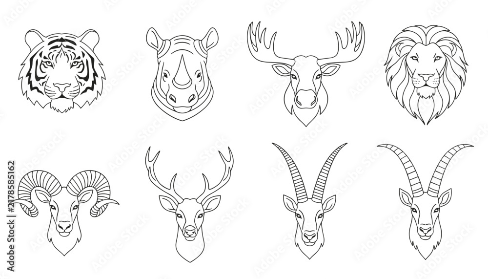 Obraz premium Grid of eight different wild animal head line art drawings, featuring a tiger, lion, stag, ram, and other beasts.