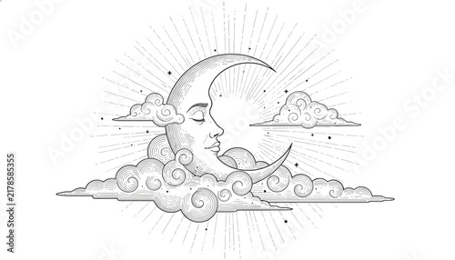 Beautiful retro engraving style illustration of a crescent moon with a serene face sleeping inside curly clouds.