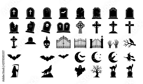 Halloween Graveyard Gravestone and Cross Black Silhouette Vector Sticker Set