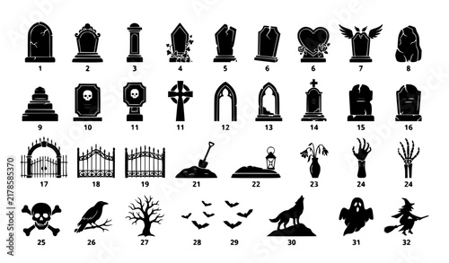 Spooky Cemetery Gravestones and Gothic Cross Black Vector Icons Collection