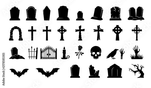 Black Halloween Tombstone Gravestone and Cemetery Cross Sticker Vector Set
