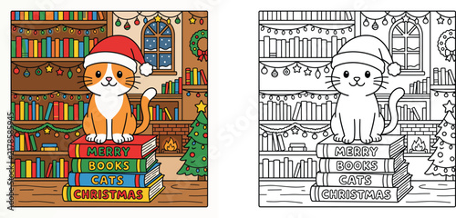 Cute Cat in Santa Hat Sitting on Book Stack in Cozy Christmas Library Coloring Page and Vector Illustration for Kids