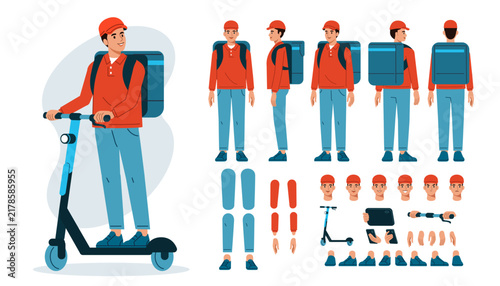 Delivery courier with backpack riding electric scooter character constructor for animation. Front, side, back view poses and postures set. Vector illustration. 
