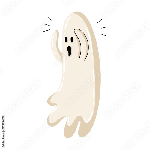Frightened ghost character screaming with hands near face, expressive Halloween cartoon illustration isolated on white background.