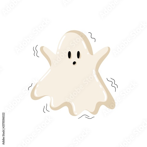 Surprised ghost character with raised arms and trembling motion lines, simple Halloween cartoon illustration with expressive face.