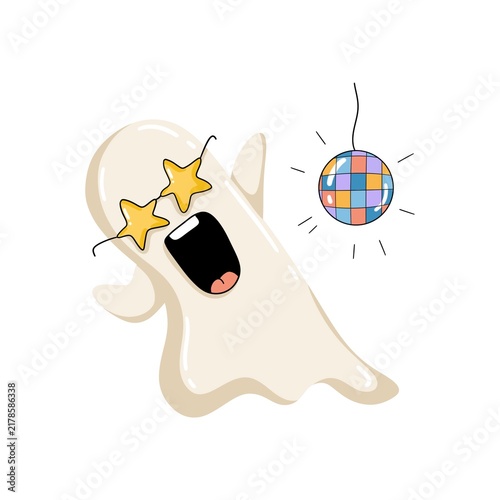 Excited ghost character with yellow star glasses dancing beside a colorful disco ball, playful Halloween party cartoon illustration.