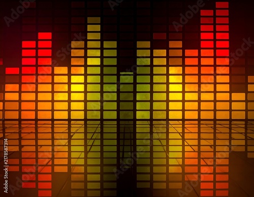 Abstract graphic visualization of sound waves in orange, yellow, and red colors with reflection
