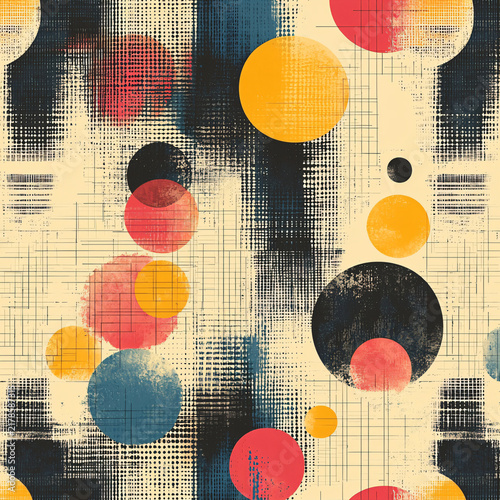 Colorful Geometric Shapes in Abstract Background with Circles and Grids