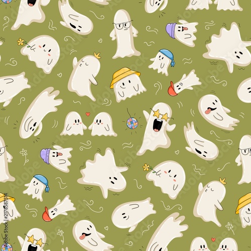 Seamless Halloween pattern with playful ghost characters in different poses and expressions, colorful accessories and doodle elements on an olive green background.