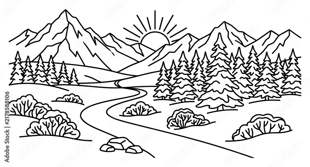 Fototapeta premium Mountain Landscape Illustration with Pine Trees, River, and Sun