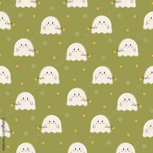 Seamless Halloween pattern with smiling ghost characters holding yellow flowers, scattered blossoms and floral doodles on an olive green background.