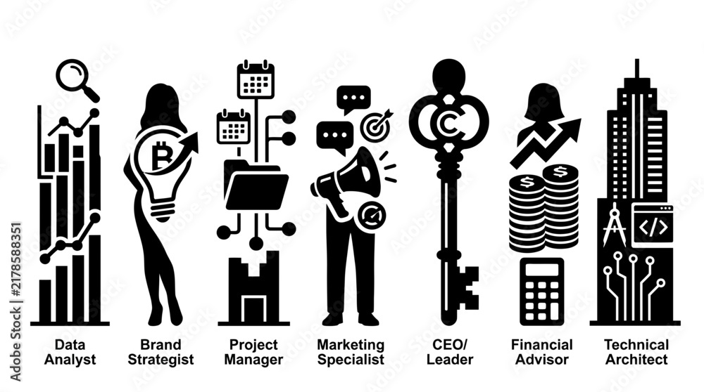 Naklejka premium Business Professionals Collaborating in a Modern Office Environment - Illustration of Key Roles and Skills