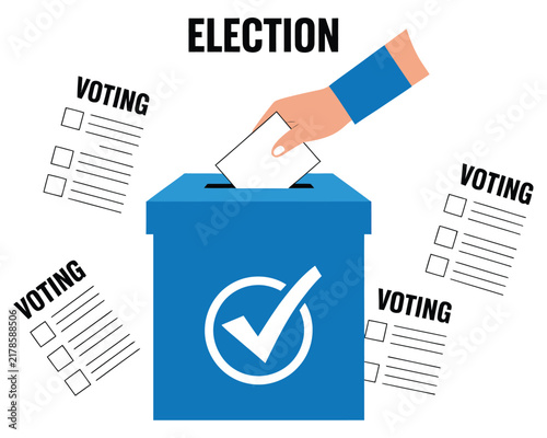 Photography Person placing voting ballot paper into blue election ballot box symbolizing dem