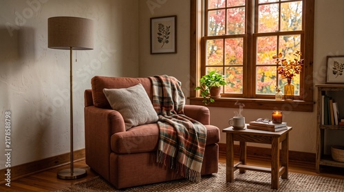 Cozy Autumn Living Room Corner with Armchair Plaid Blanket and Window View