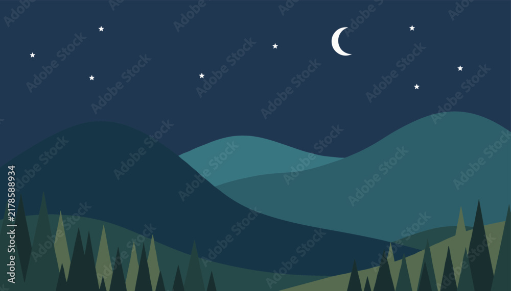 Fototapeta premium Beautiful night mountain landscape with dark green pine trees forest, rolling hills, and a crescent moon with stars in the dark sky.