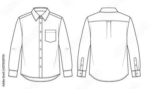 men long sleeve dress shirt vector technical flat sketch, front and back view, button up collar, pocket, fashion template, linear outline
