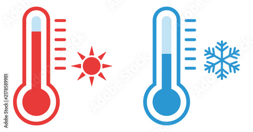 Hot and cold thermometers showing temperature extremes with clean vector graphics for weather applications, climate studies, scientific education