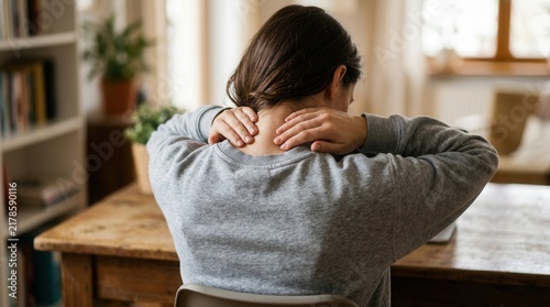 Woman Experiencing Neck Pain While Working At Home