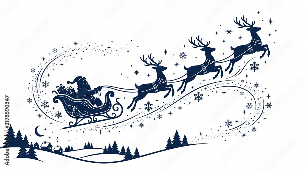 Obraz premium Santa Claus flying in sleigh with reindeer silhouette on winter night background
