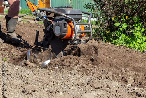 Gardener plowing garden with motor cultivator before planting potatoes