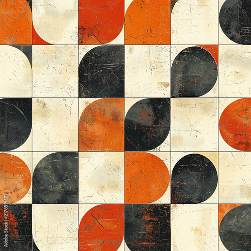Abstract Retro Geometric Pattern with Red and Orange Circular Shapes