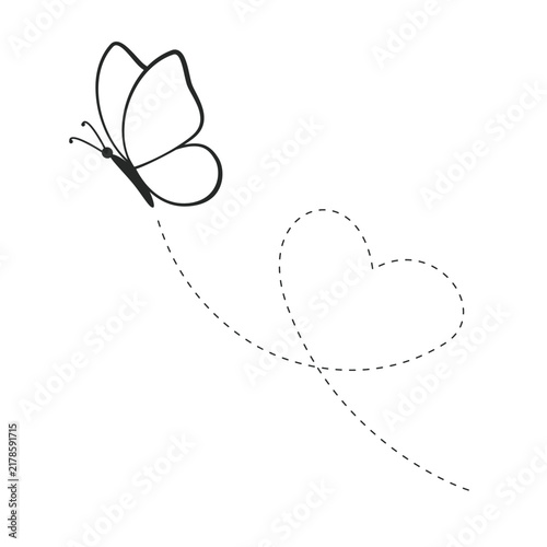 Flying butterfly outline with heart shaped dotted path
